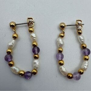 Vintage purple & gold beaded and faux pearl hoop earrings